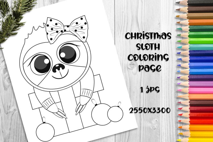 Cute christmas sloth coloring book page for kids