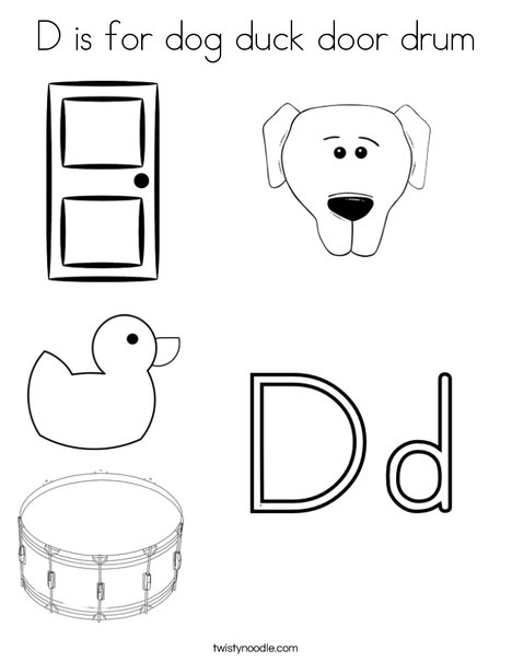 D is for dog duck door drum coloring page