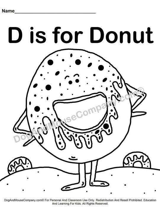 D is for donut coloring page learn your abcs worksheet printable â dog and mouse pany