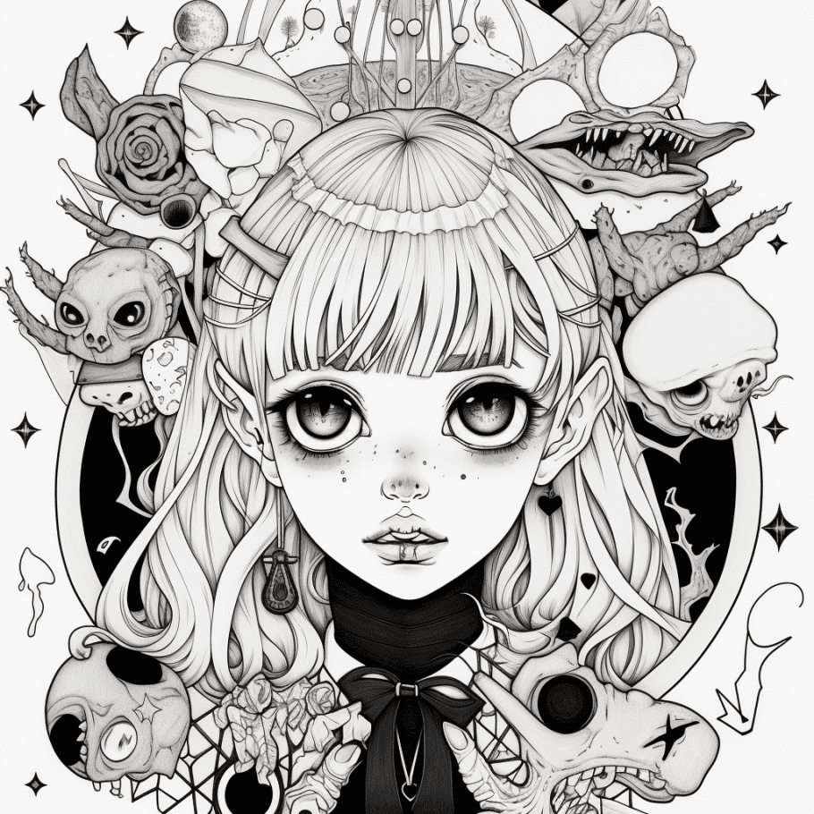Adult printable coloring pages free creepy kawaii anime dark fantasy printable coloring book sheets