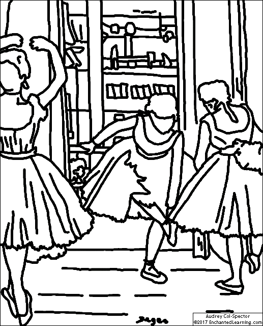 Three dancers in a practice room coloring page