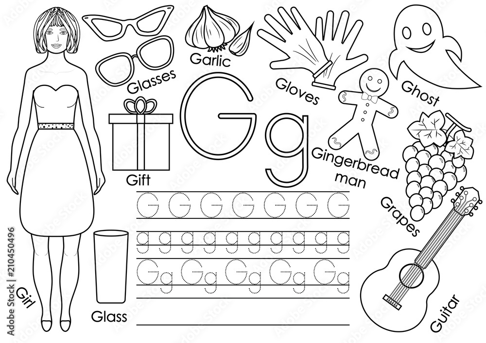 Letter g english alphabet writing practice educational game for children coloring book vector de