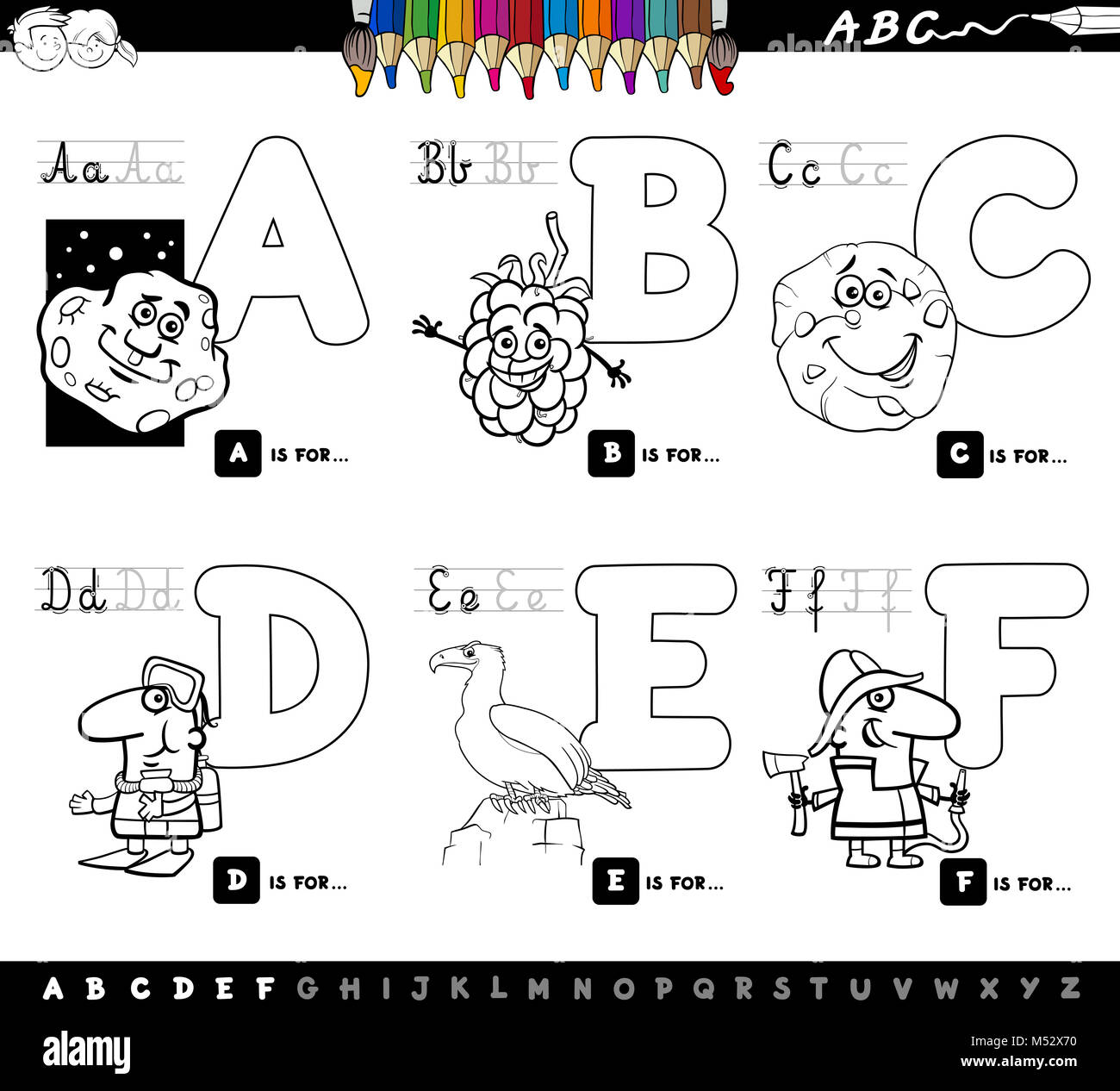 Las letras del abecedario dibujos animados educativos coloring book fotografãa de stock
