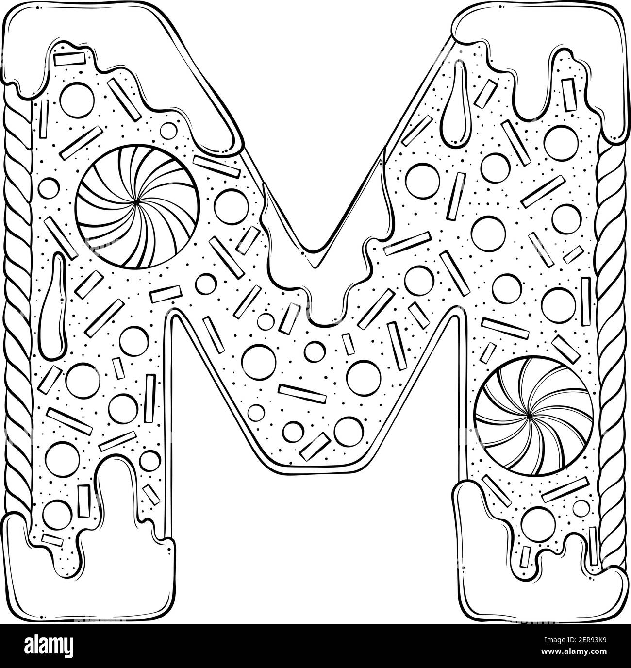 Letra m gingerbread cooki en forma de letras fuente vectorial de dibujos animados hecha a mano tilo de arte de lãnea dibujado aislado sobre fondo blanco plantilla de logotipo con letras diseão