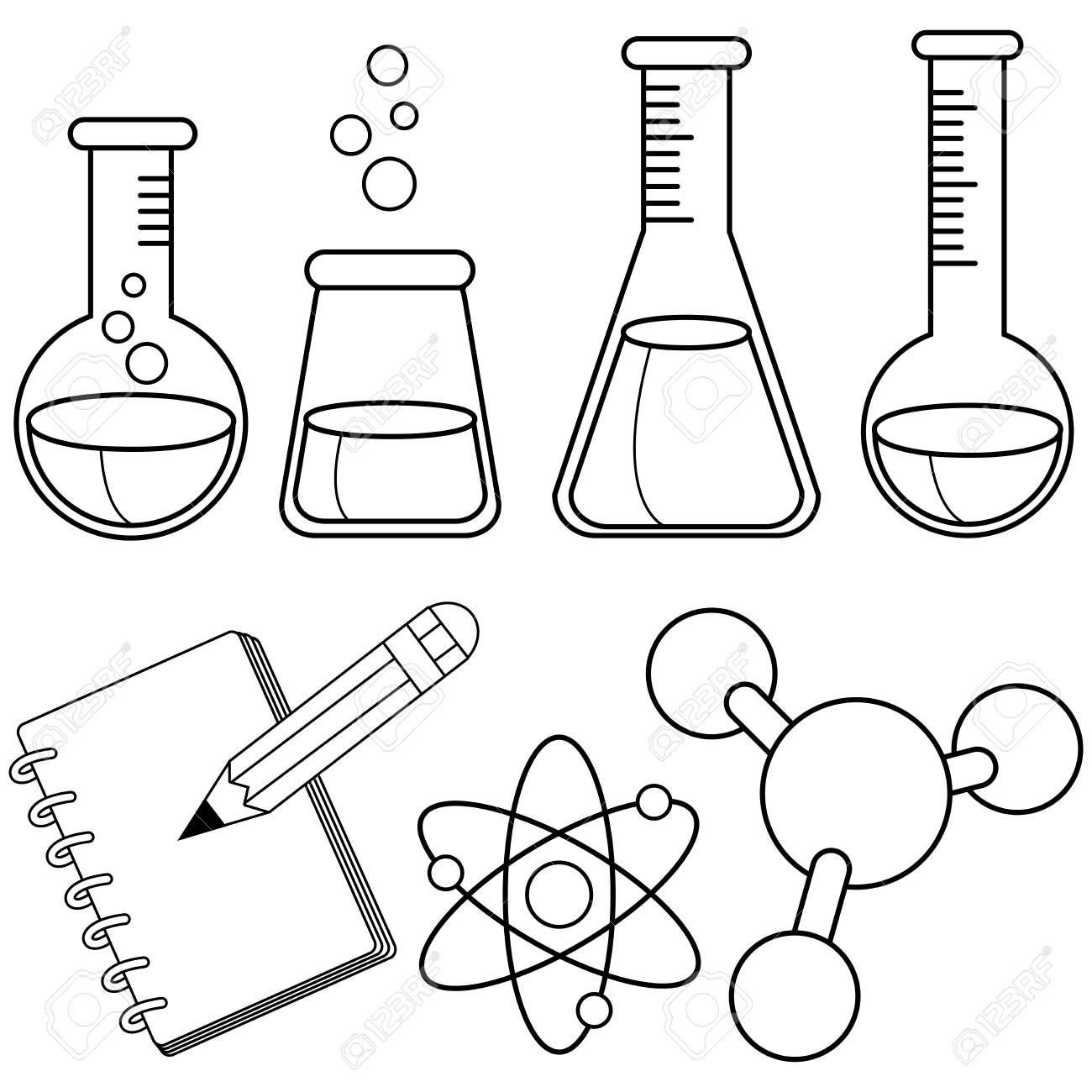 Science and chemistry set black and white coloring book page royalty free svg cliparts vectors and stock illustration image