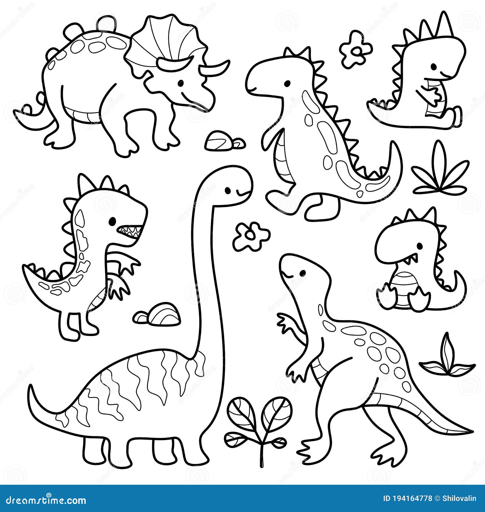 Set of childrens drawings minimalistic style dinosaurs doodle coloring page stock illustration