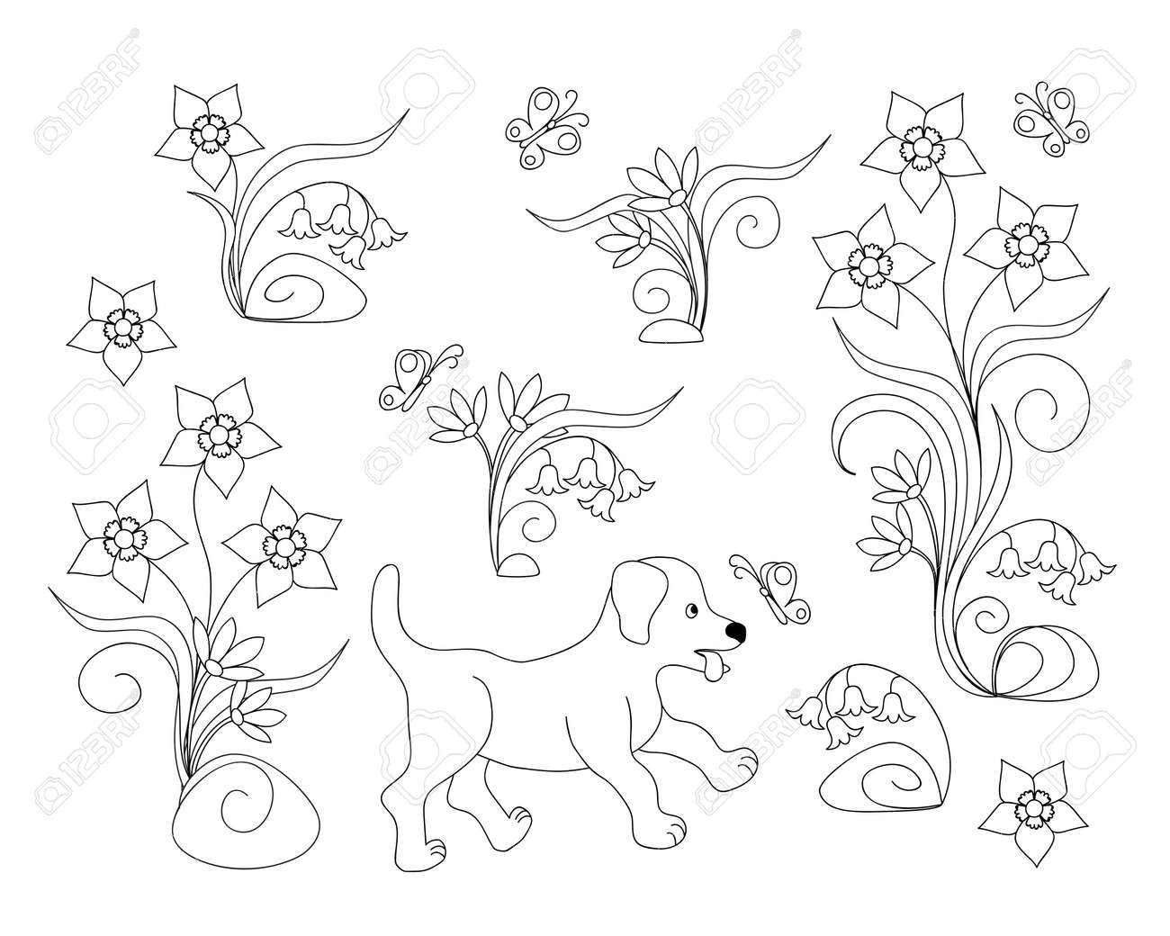 Coloring page with cute cartoon puppy among flowers for children coloring book album decorate kids room wall book black and white outline illustration eps royalty free svg cliparts vectors and stock
