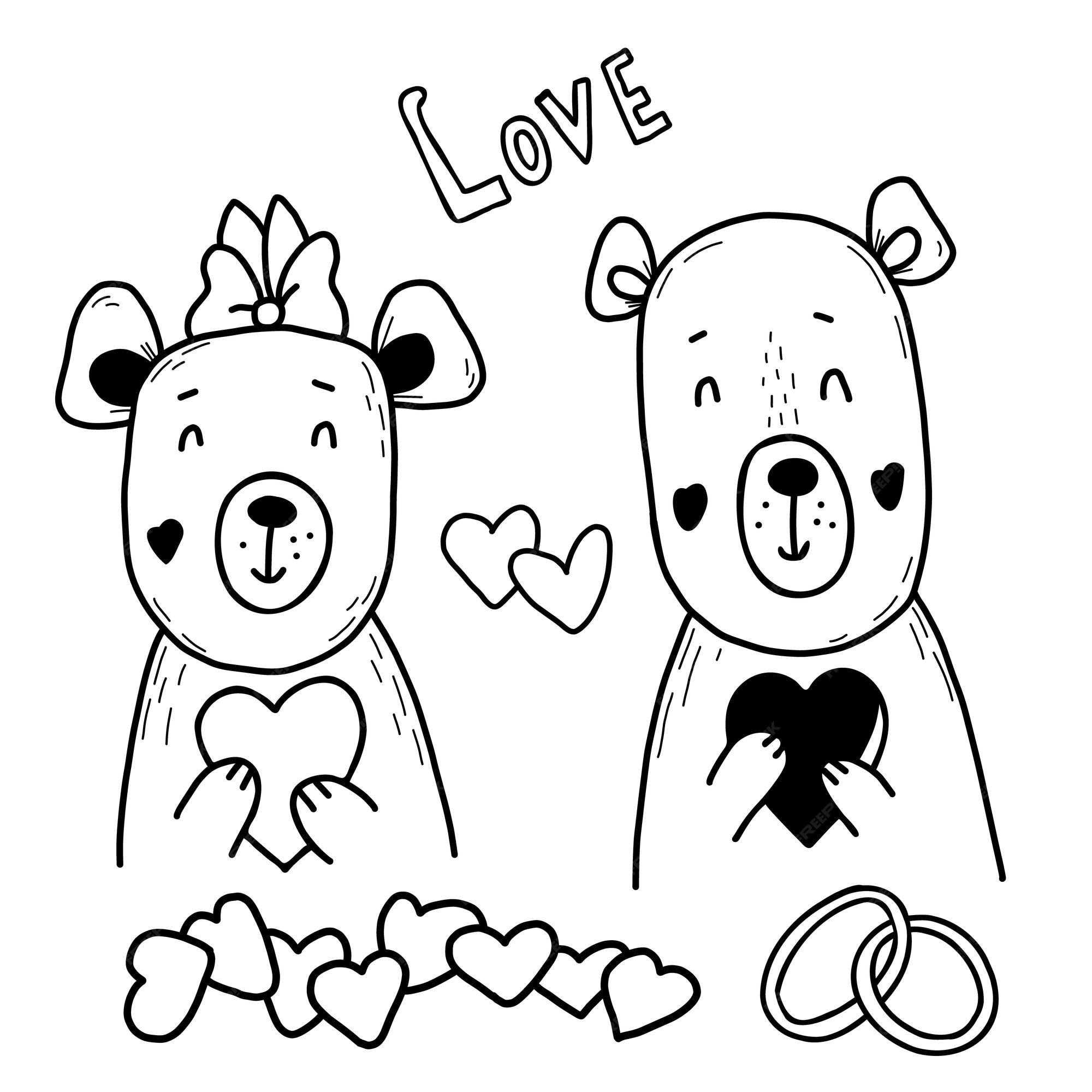 Linda pareja de osos enamorados de corazon y anillos de boda tilo de dibujo vectorial vector premium