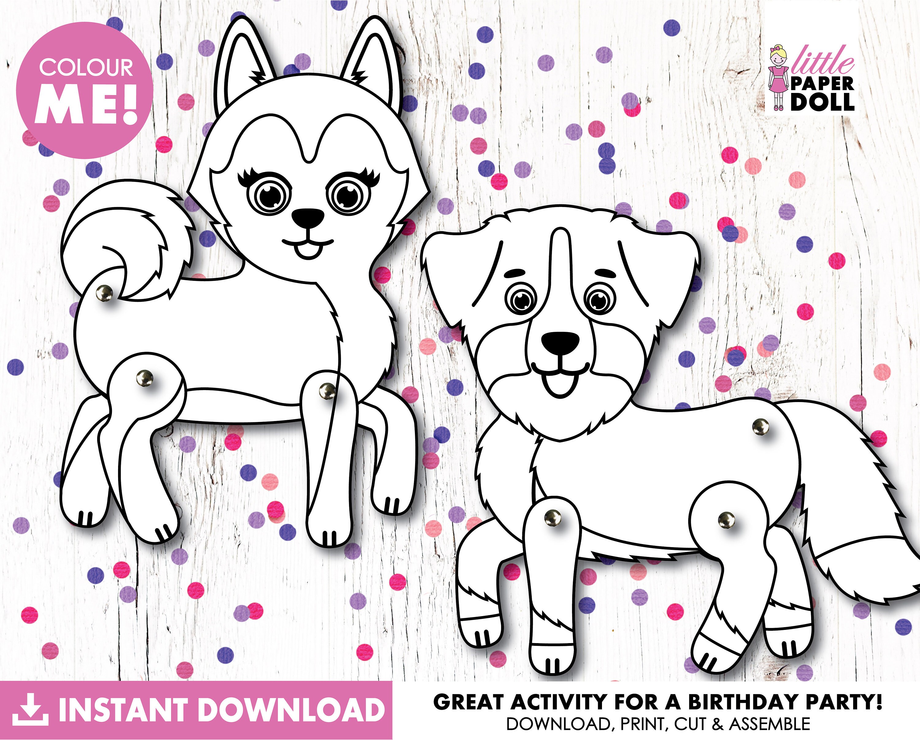 Dog paper doll instant download printable puppy dog coloring page dog birthday party activity husky dog bernese mountain dog