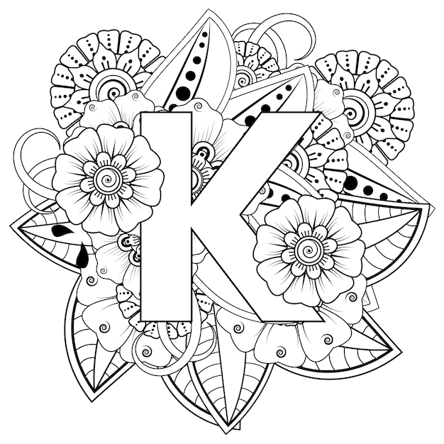 Premium vector letter k with mehndi flower decorative ornament in ethnic oriental style coloring book page