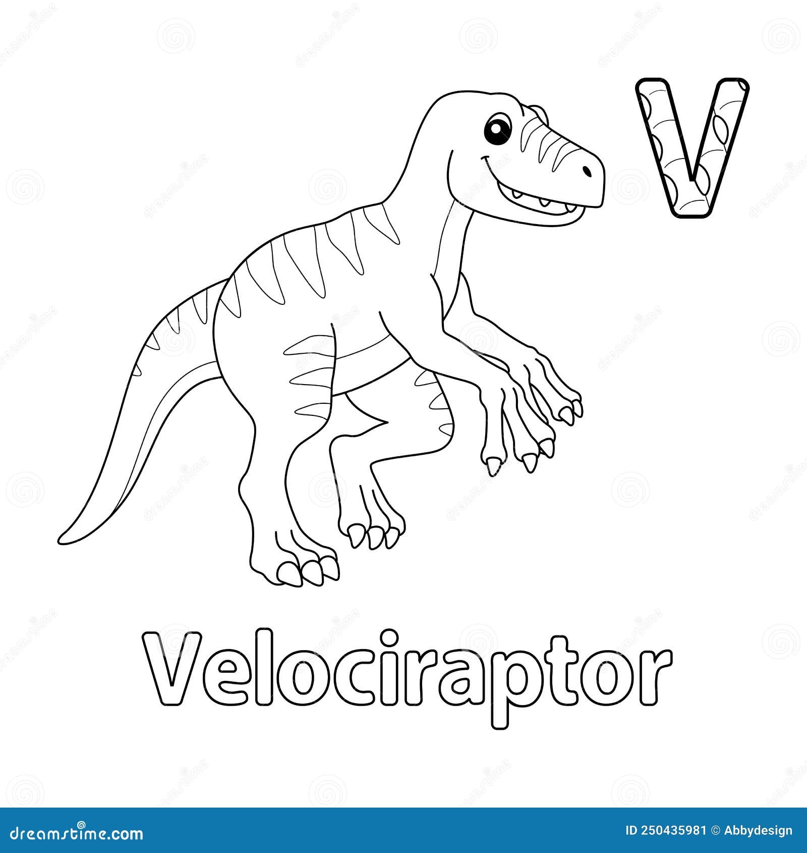 Velociraptor alphabet dinosaur abc coloring page v stock vector