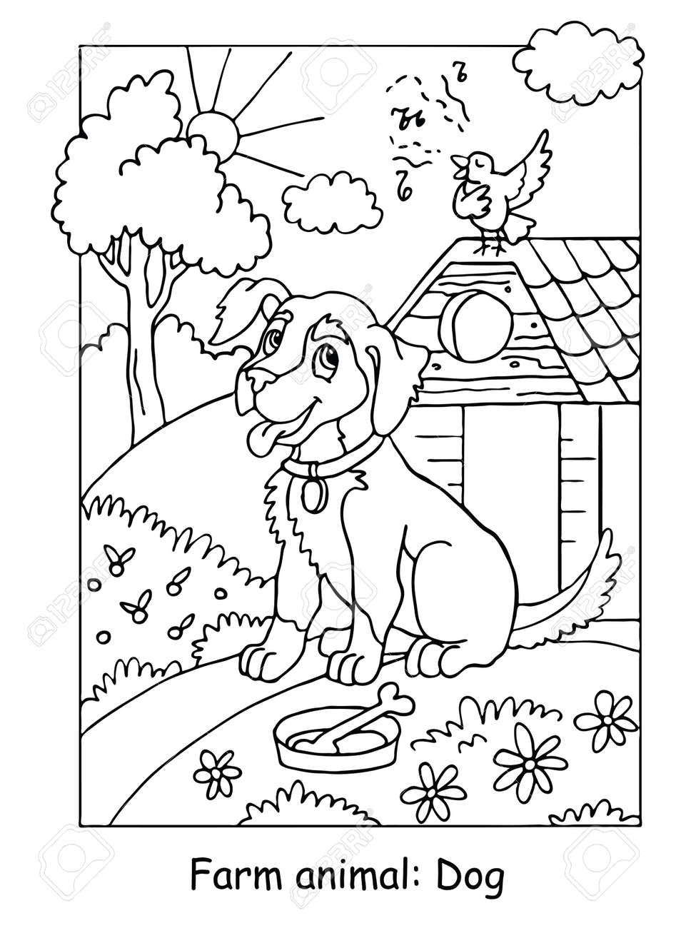 Vector coloring pages with cute dog listening a song of a bird cartoon contour illustration isolated on white background stock illustration for coloring book preschool education print and game royalty free svg