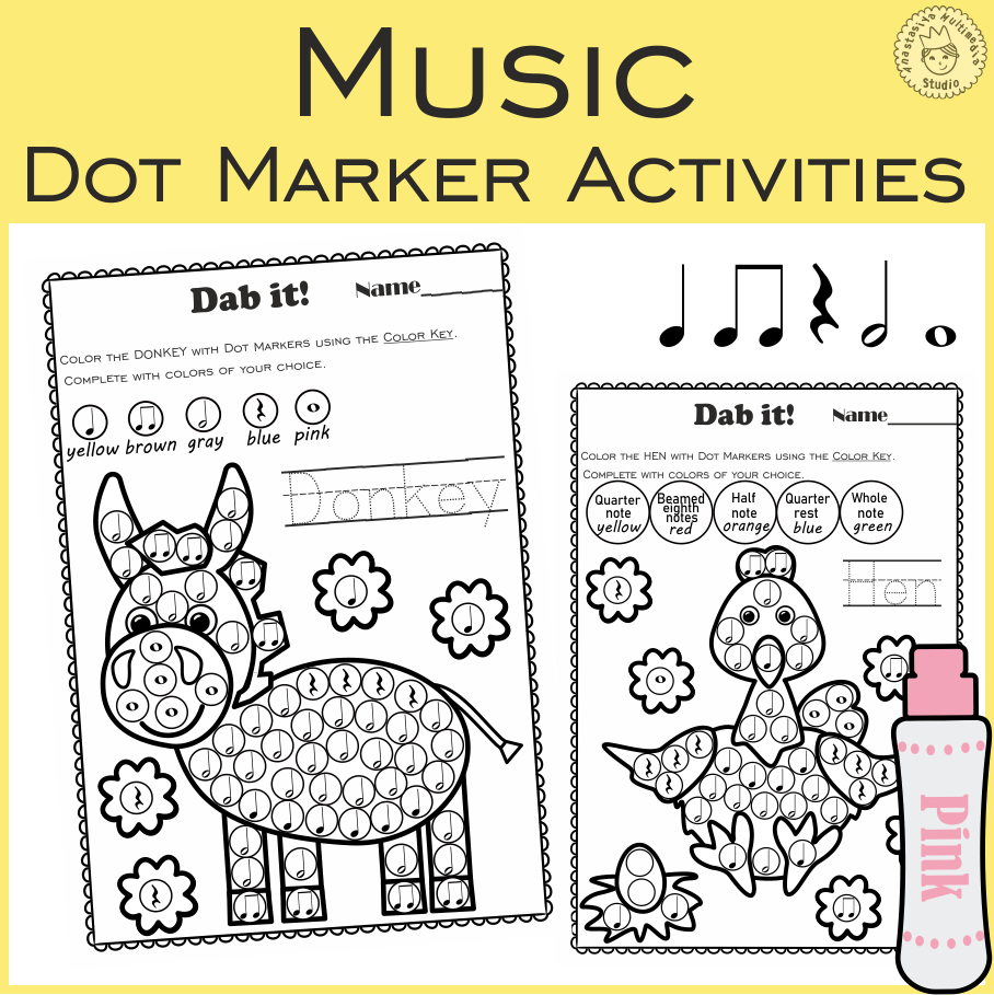 Farm animals music rhythm dot marker activities color by note