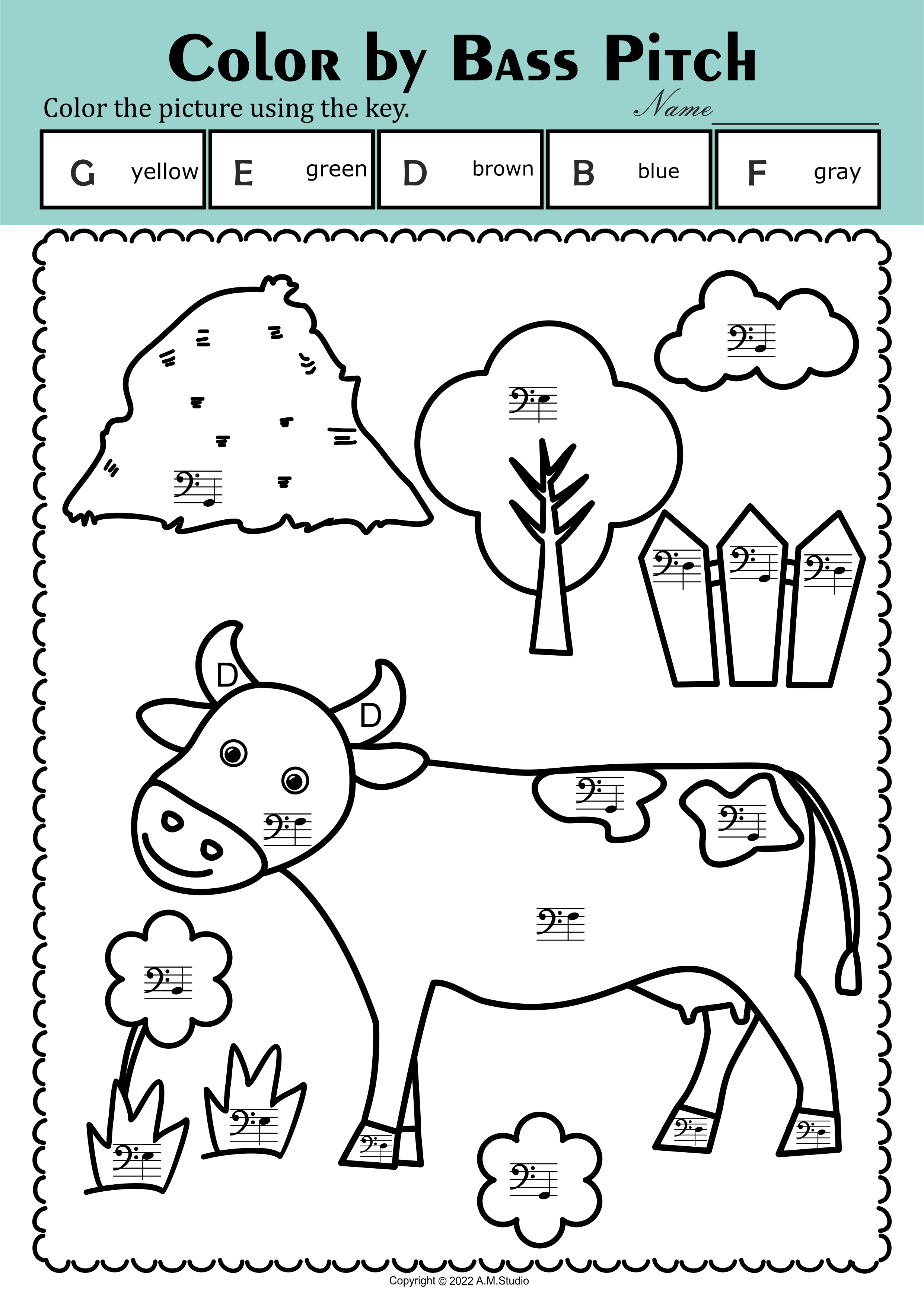 Farm animals music coloring sheets color by bass clef note names