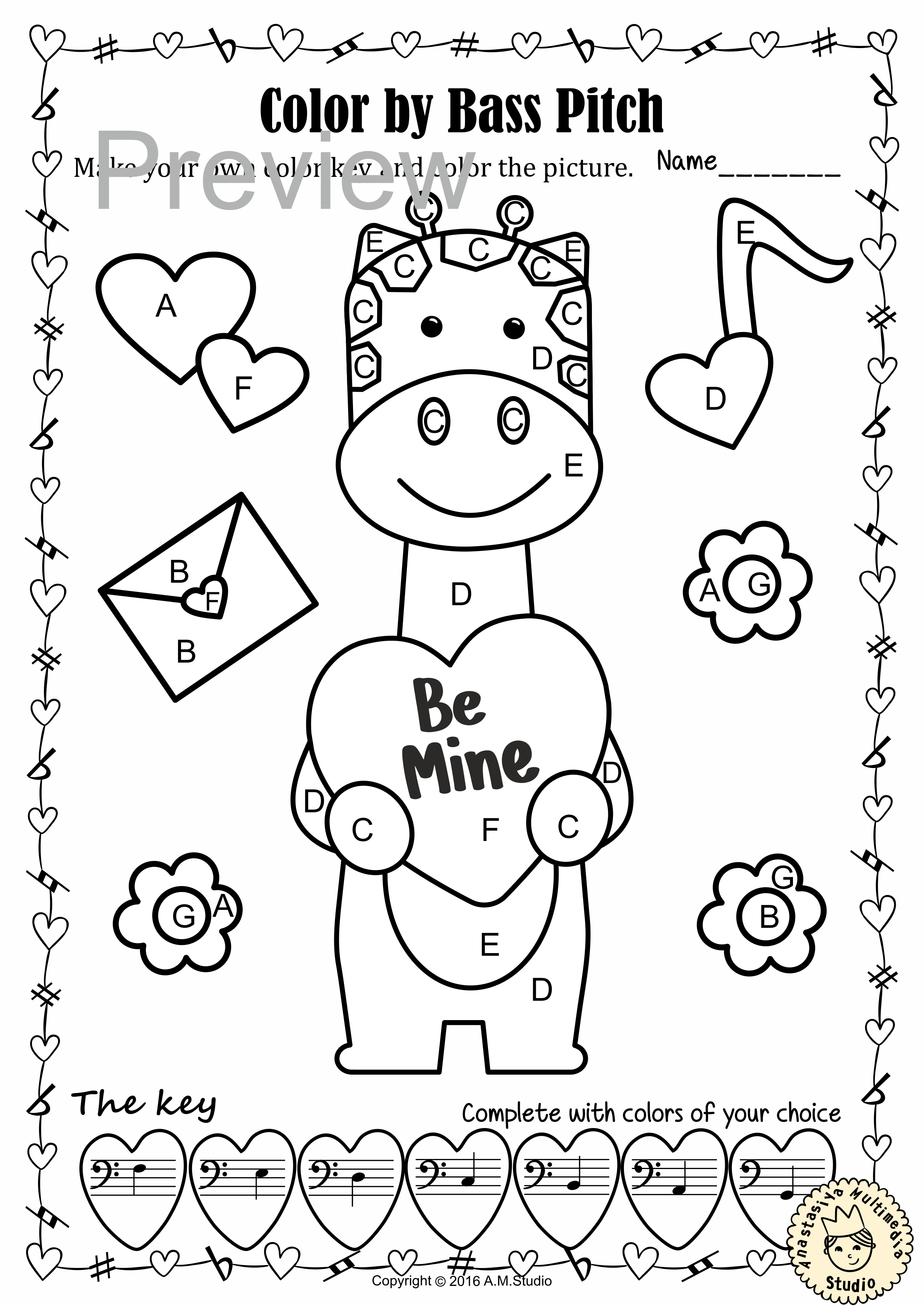Valentines day music coloring pages color by bass clef note names