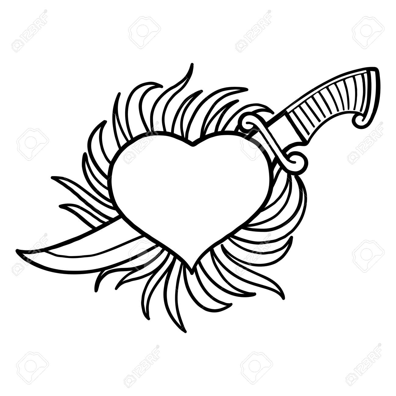 Graphic heart pierced by metal knife with fire flames on background vector art for old school tattoo design coloring book page for adults and kids royalty free svg cliparts vectors and stock