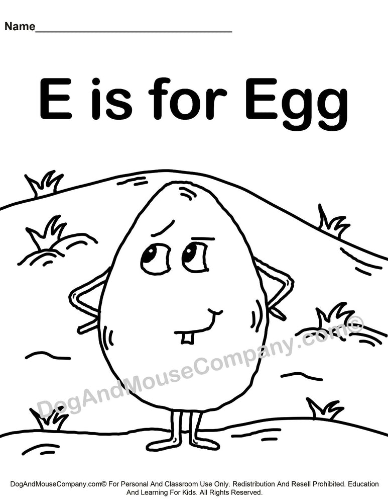 E is for egg coloring page learn your abcs worksheet printable di â dog and mouse pany