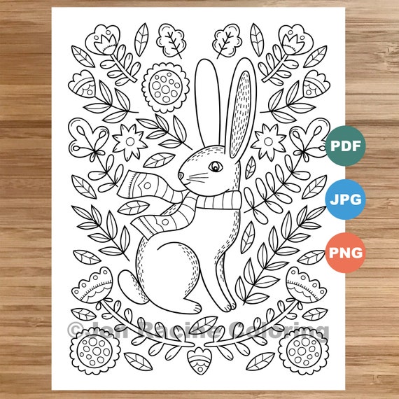 Woodland wonder coloring page rabbit floral scandinavian sweater hat cozy coloring coloring page for kids