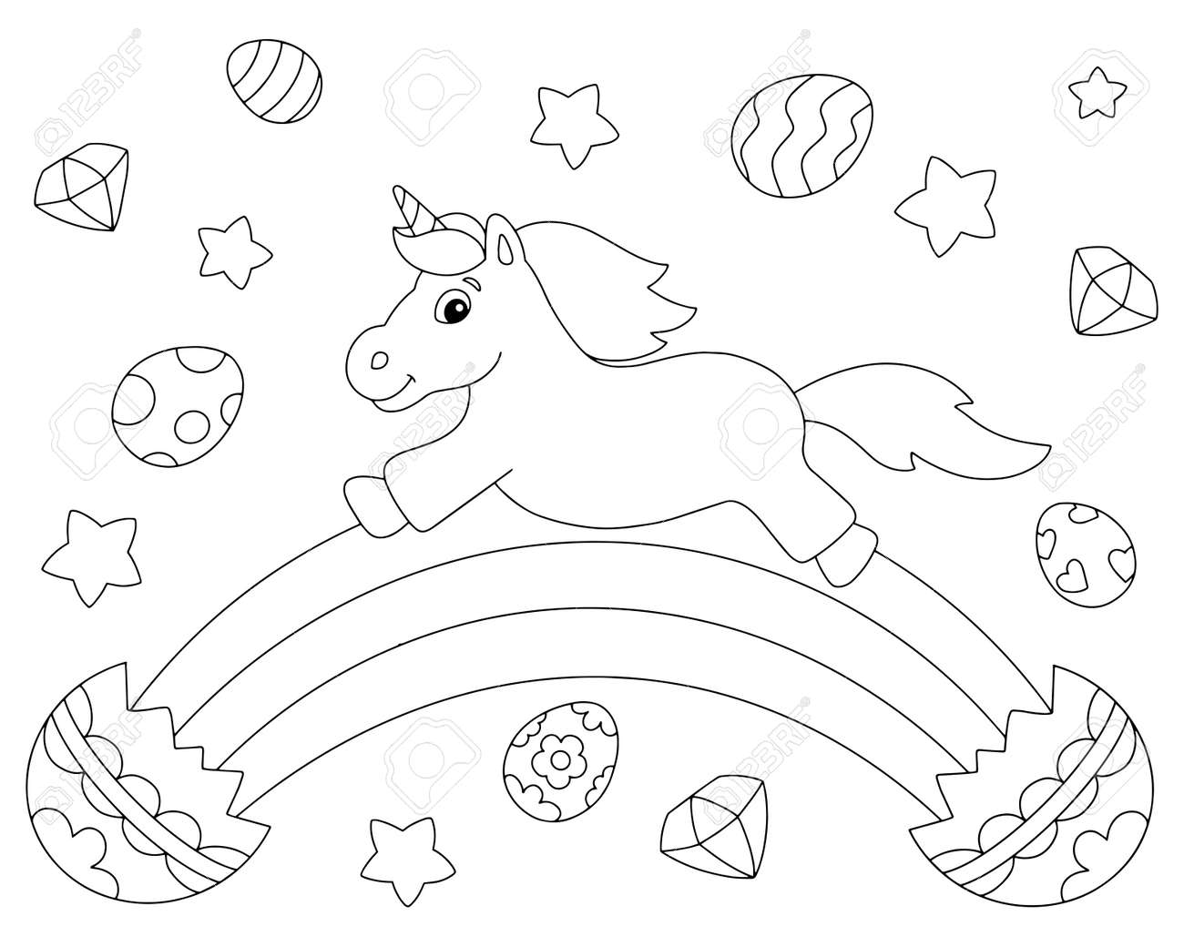 Cheerful easter unicorn coloring book page for kids cartoon style character vector illustration isolated on white background royalty free svg cliparts vectors and stock illustration image