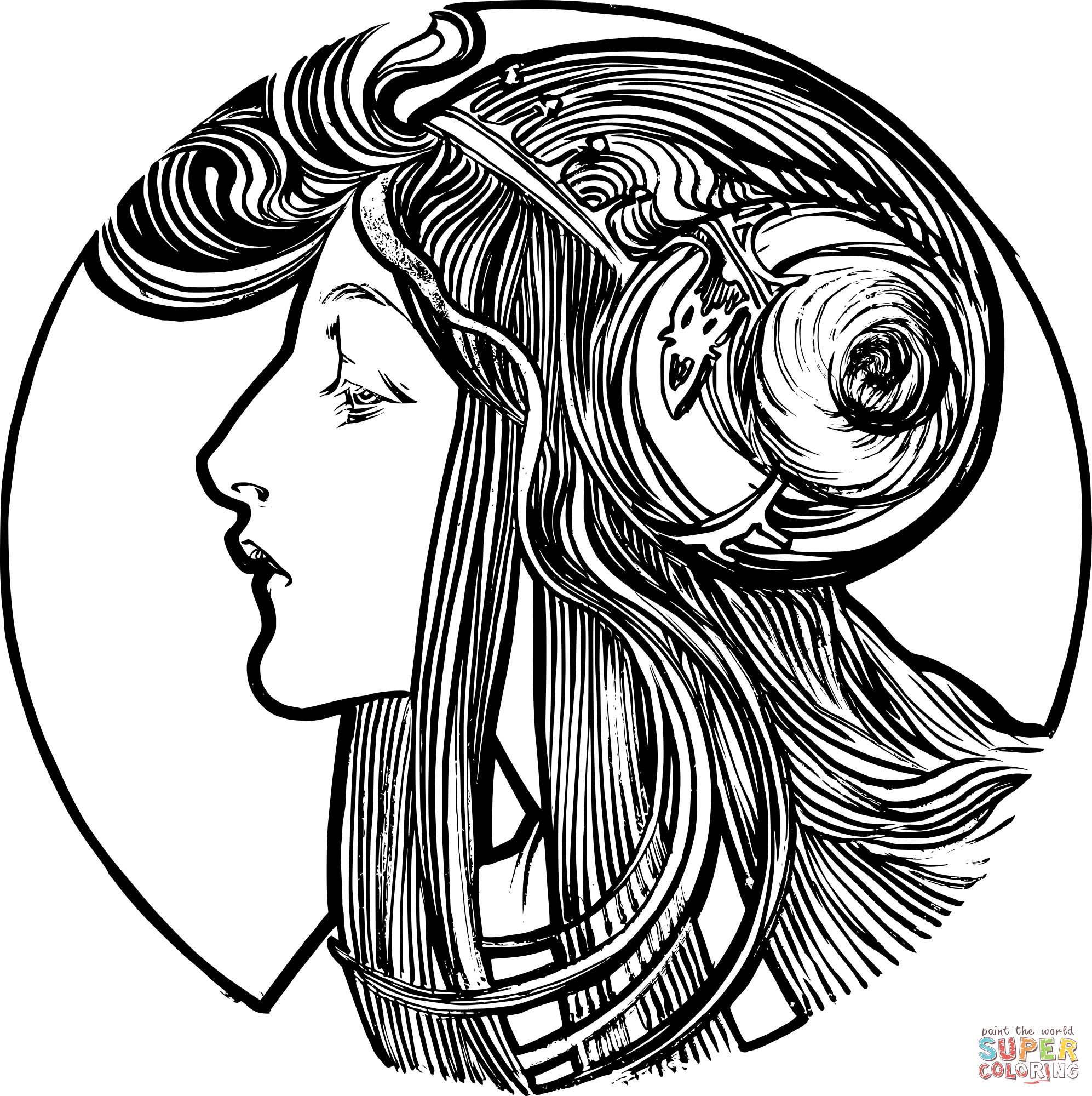 Vintage art nouveau woman coloring page free printable coloring pages