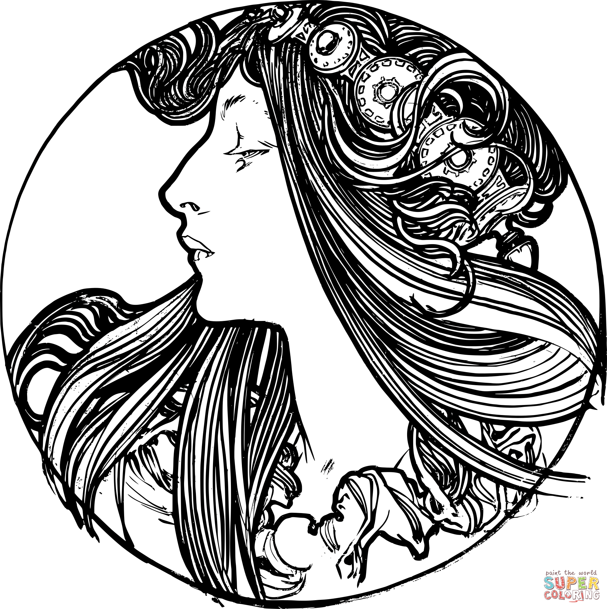 Vintage art nouveau woman coloring page free printable coloring pages