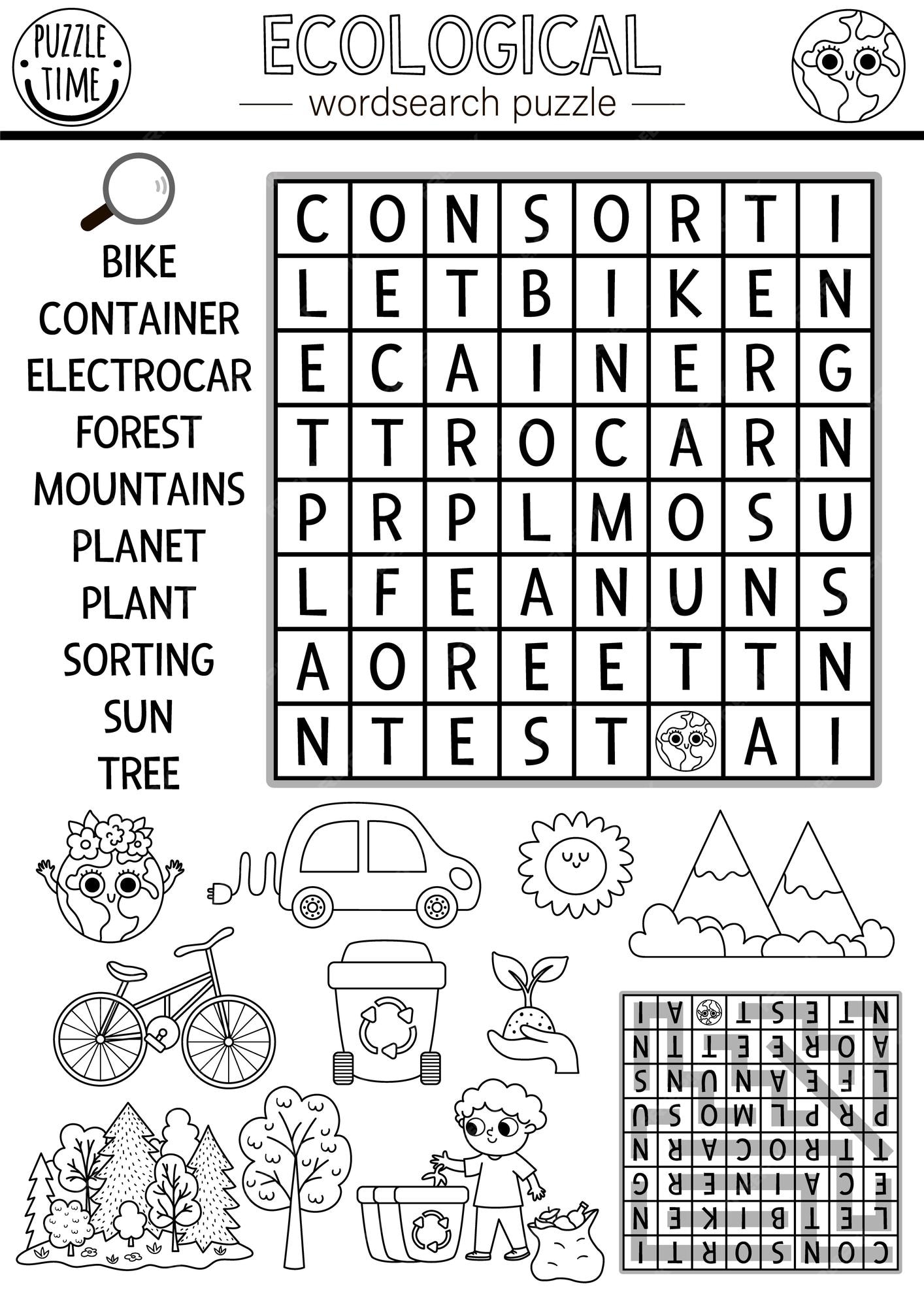Premium vector vector ecological wordsearch puzzle for kids black and white earth day word search coloring page with forest waste sorting planet eco awareness educational activity environment friendly cross word