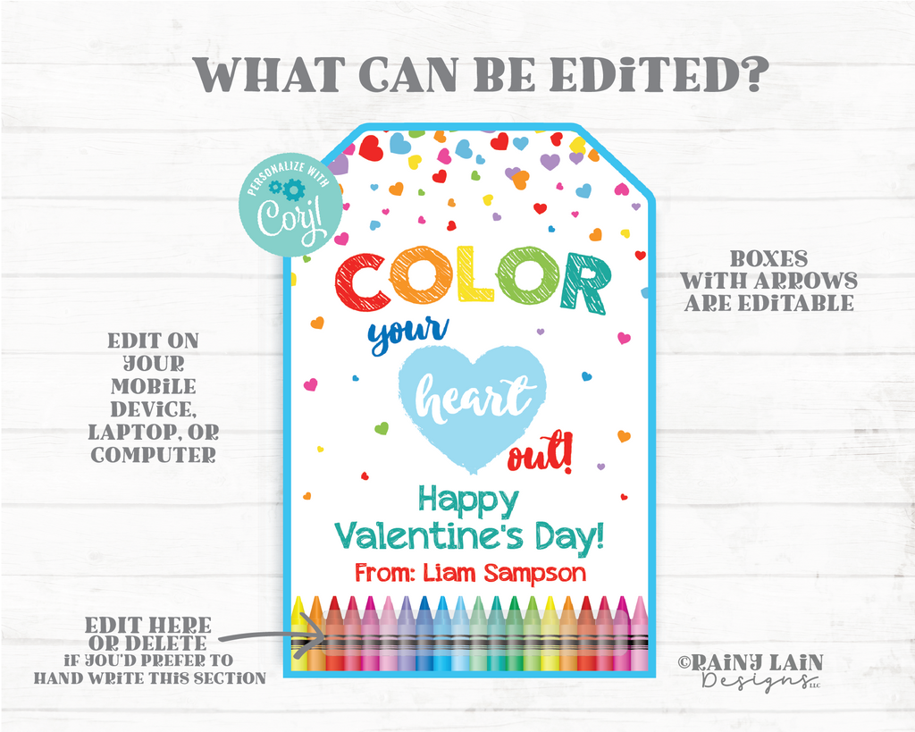 Color your heart out valentines day tag coloring book crayon preschoo â rainy lain designs llc