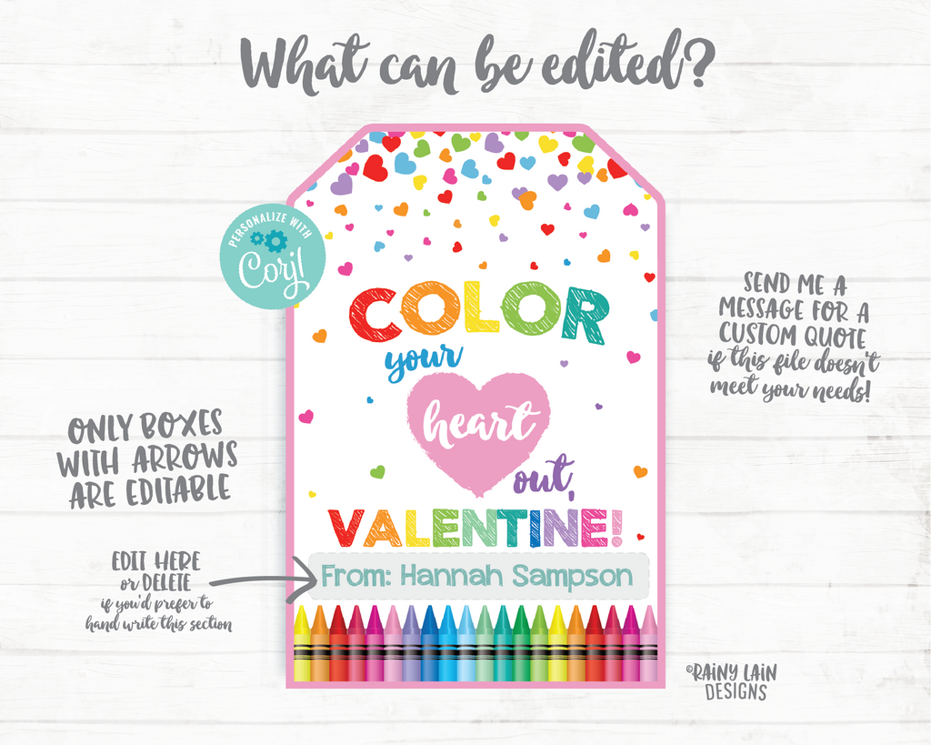 Color your heart out valentine coloring book valentine tag crayon va â rainy lain designs llc