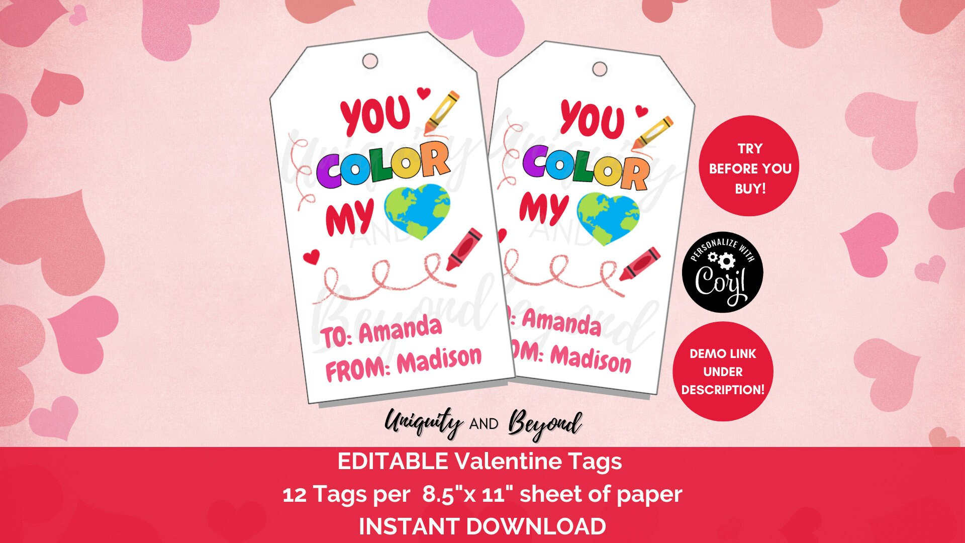 Valentines day crayons tag you color my world tags kids valentines day favor tags printable digital download crayon gifts for kids