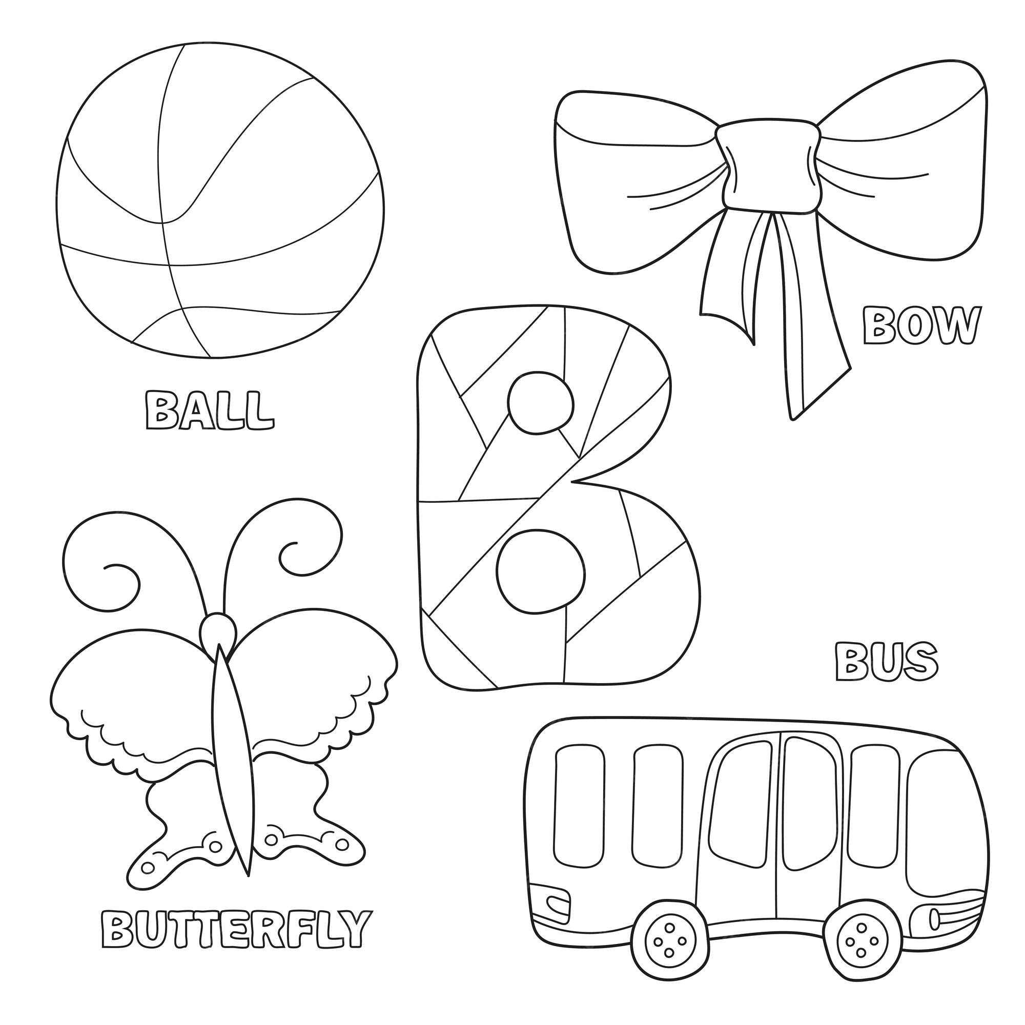 Alfabeto de crianãas para colorir livro artes de clipe descritas para colorir letra b ãnibus bola arco borboleta desenho de contorno desenhado ã mão e carta para o tipo de letra