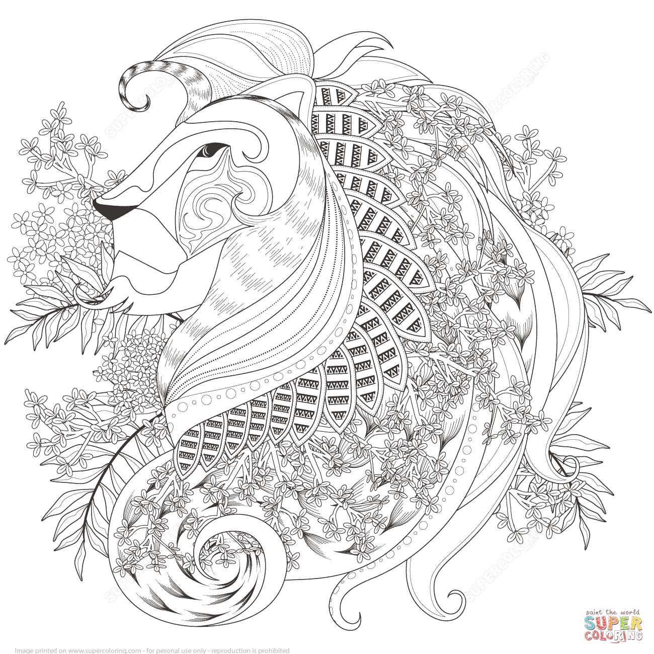 Zentagle lion with floral elements coloring page free printable coloring pages