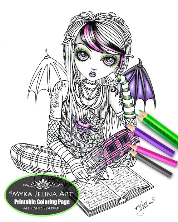 Ally fairy digital download coloring page line art myka jelina punky emo writer fairy