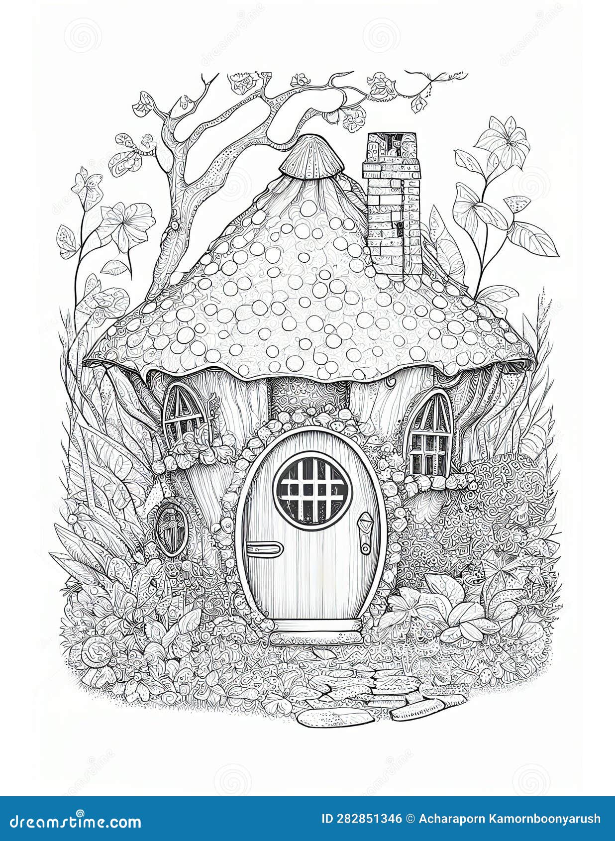 Cute fairy cottage coloring book kids adult coloring pages stock illustration