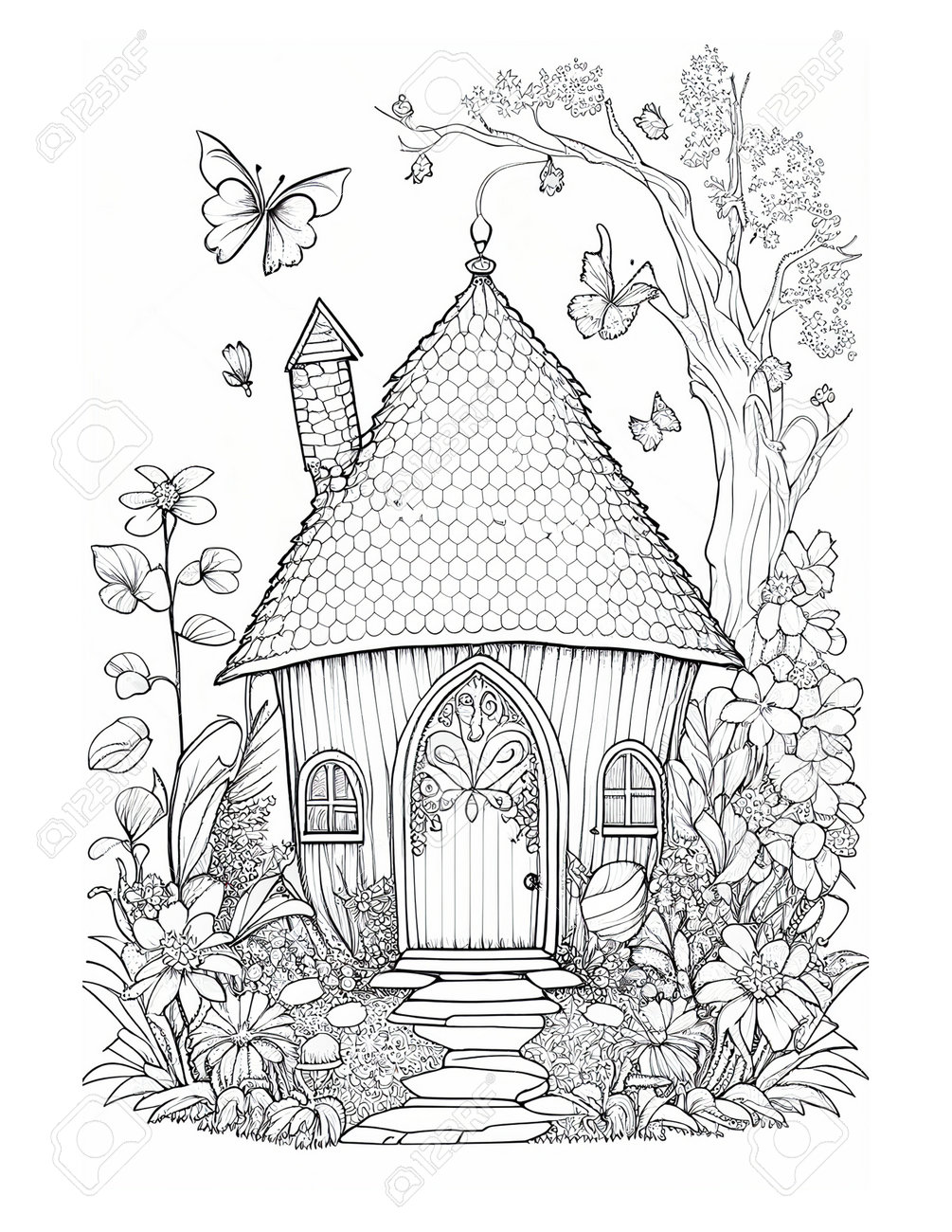 Cute fairy cottage coloring book kids adult coloring pages ai generartive stock photo picture and royalty free image image