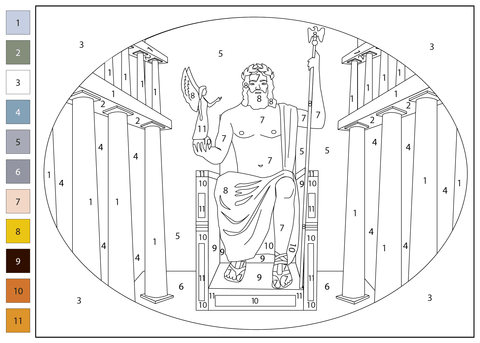 Statue of zeus at olympia color by number free printable coloring pages