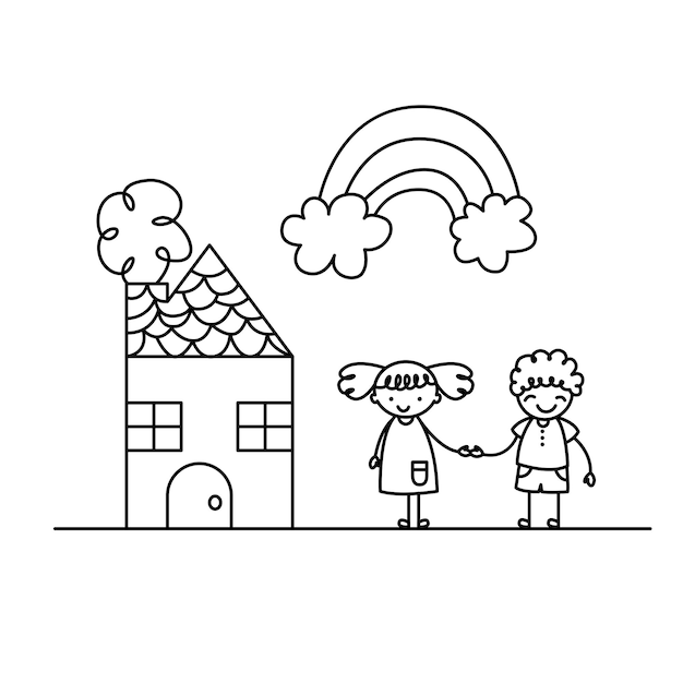 Niãos al aire libre con casa y arcoiris para colorear pintar e imprimir vector premium