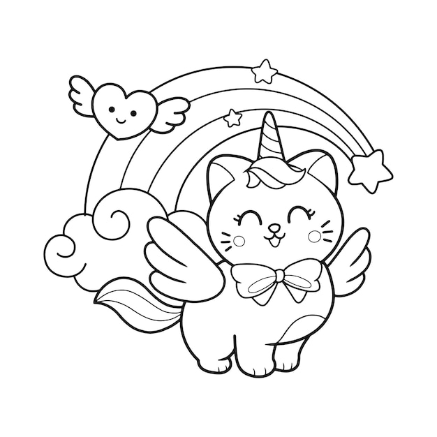 Desenho de unicãrnio de gato bonito e estrelas arco