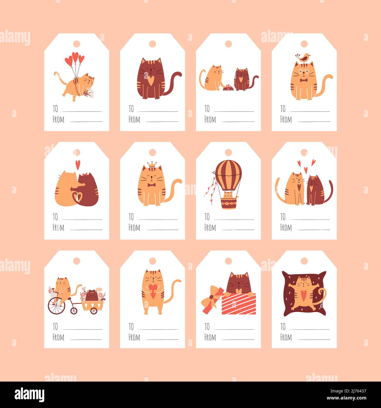 Un conjunto de etiquetas de regalo con lindos gatos de dibujos animados para el dãa de san valentãn una colecciãn de etiquetas con ilustracion y las palabras a de vector de color