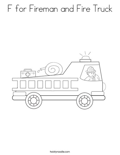 F for fireman and fire truck coloring page