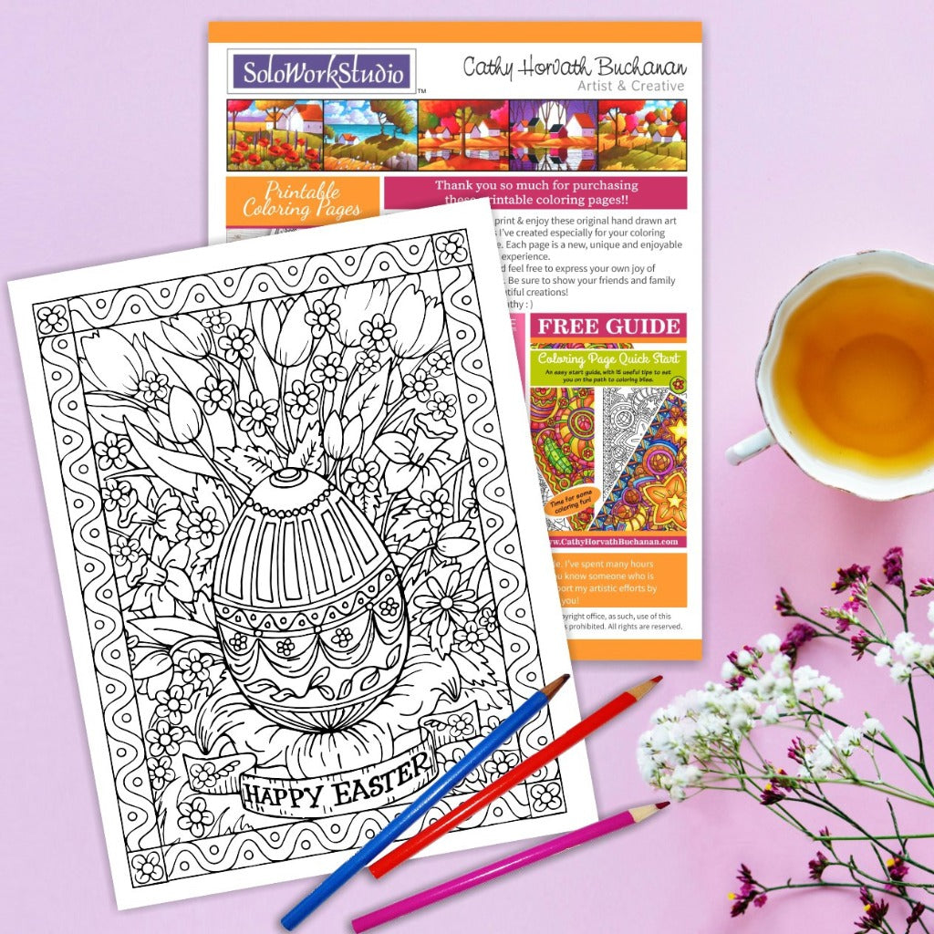 Happy easter flower bouquet coloring page pdf instant download â soloworkstudio