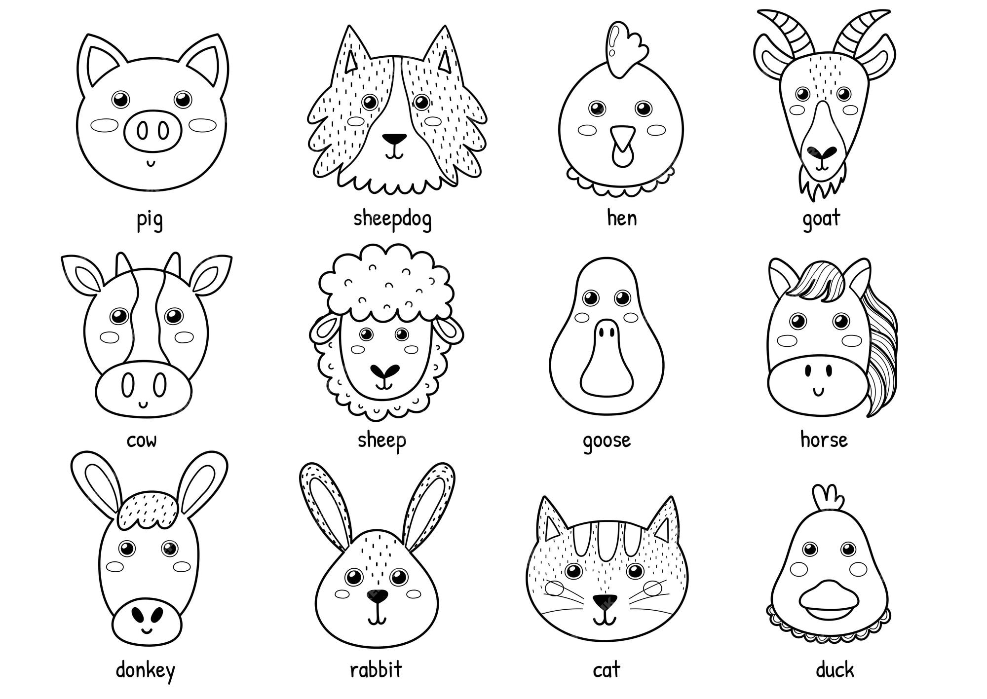 Premium vector cute black and white farm animal faces collection funny set and coloring page