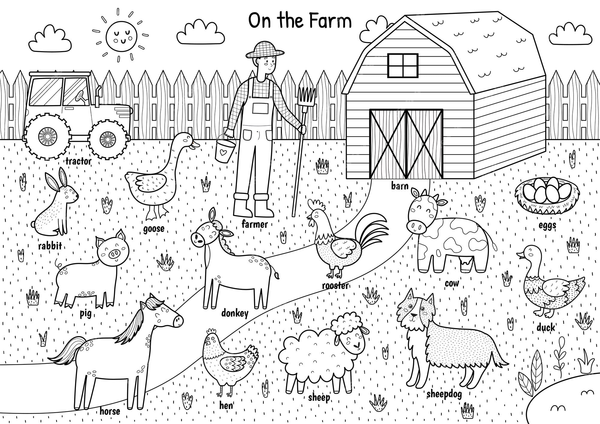 Premium vector on the farm black and white poster with cute animals and their names educational coloring page