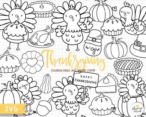 Feliz dãa de acciãn de gracias con lindos dibujos para colorear de pavo sellos digitales de acciãn de gracias svg de acciãn de gracias clipart de acciãn de gracias