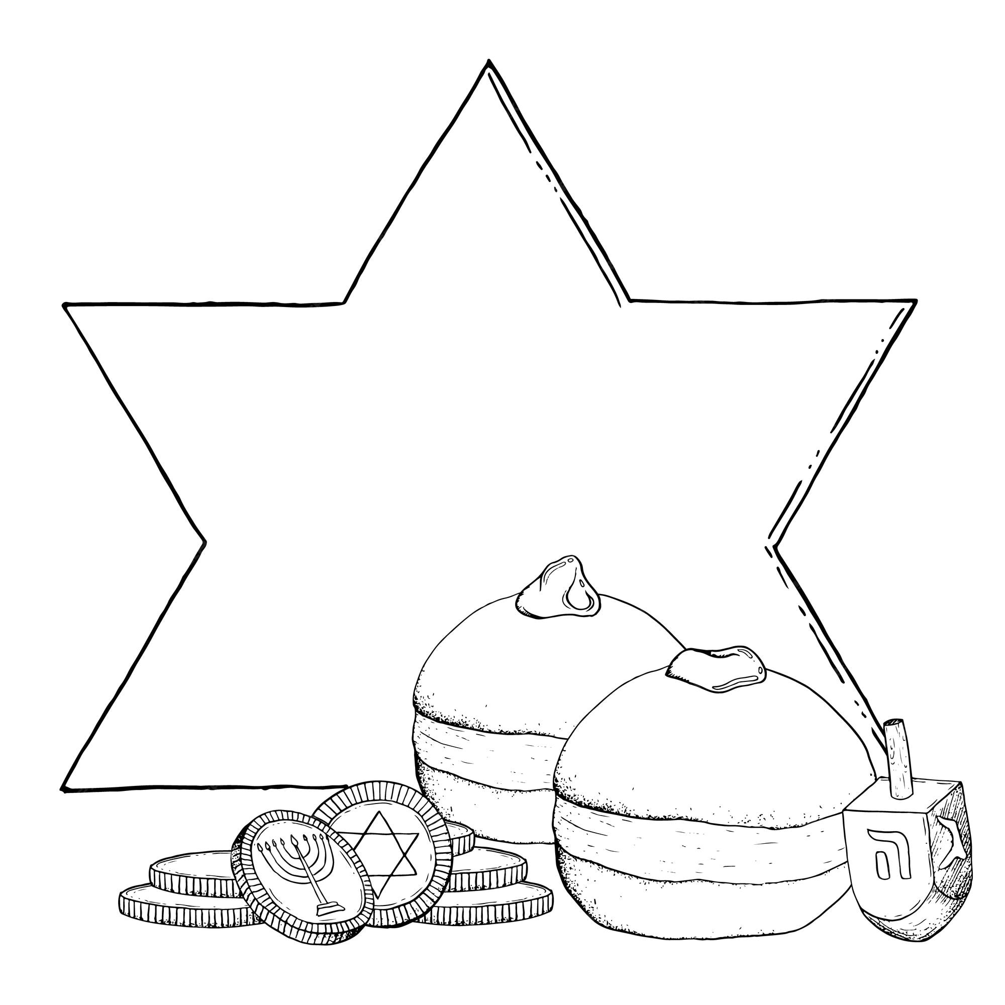 Template vetorial de hanukkah feliz donuts para feriado judaico ilustraãão vetorial em preto e anco vetor premium