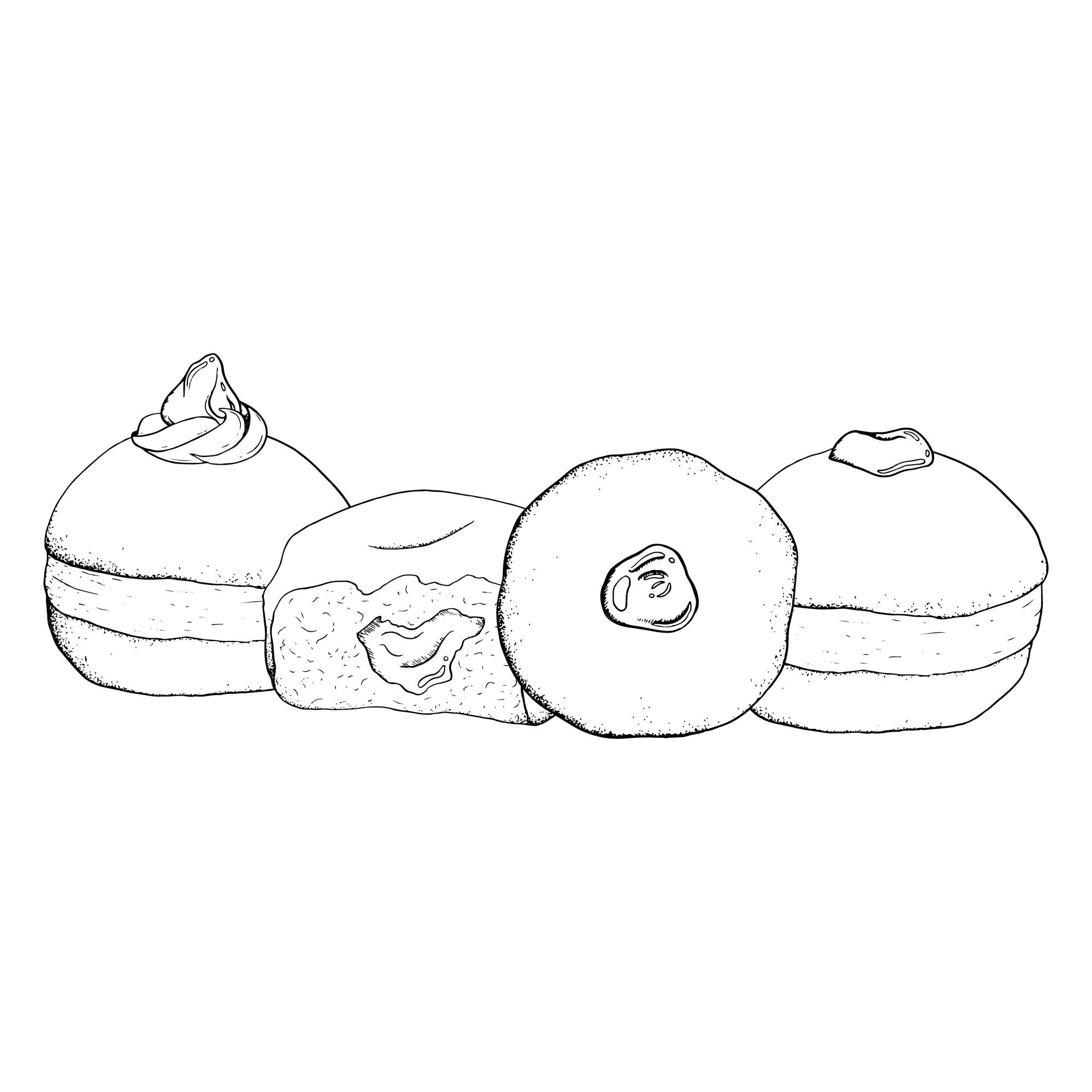 Hanukkah donuts bandeira horizontal para o feriado judeu de hanukkah ilustraãão vetorial em preto e anco vetor premium