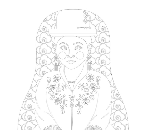 Bolivian aymara coloring sheet printable file traditional folk dress matryoshka doll