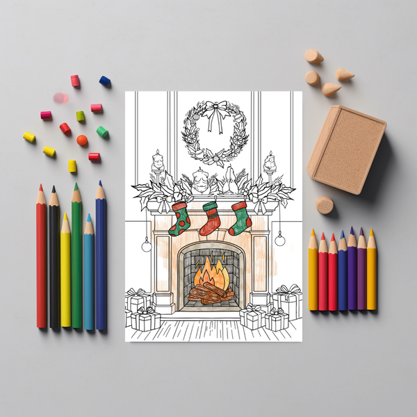 Christmas fireplace coloring page