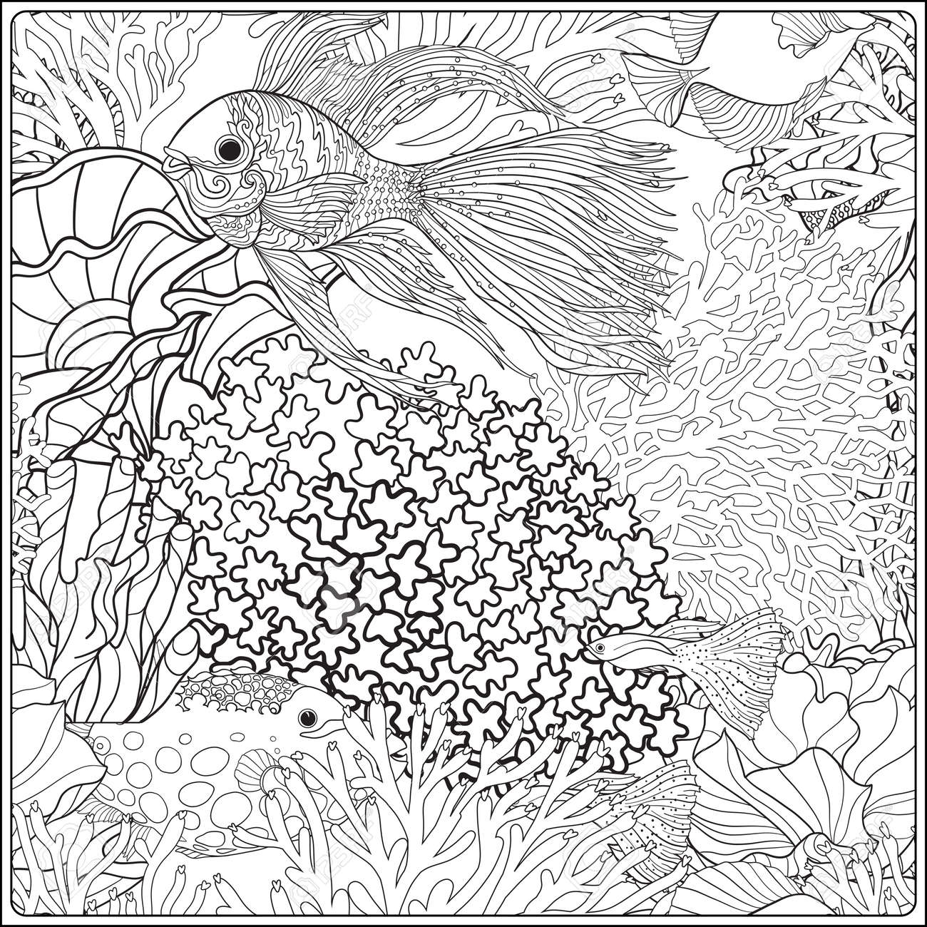 Pattern with decorative corals and sea or aquarium fish vector illustration coloring book for adult and older children outline drawing coloring page royalty free svg cliparts vectors and stock illustration image