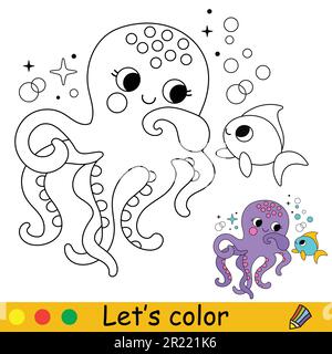 Cute happy octopus and a fish vector cartoon illustration kids coloring page with a color sample for print design poster sticker card decorati stock vector image art