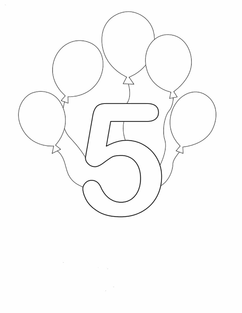 Number five and five balloons coloring page